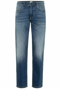 Blaue Jeans aus Denim. Gerades Bein Design, mittlerer Bund, mit Verwaschungen, kontrastierenden Nähten und fünf Taschen für die Aufbewahrung.