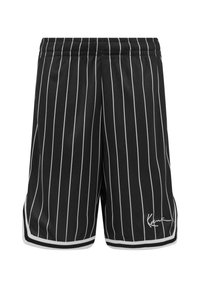 Svarta basketshorts med vertikala vita randar, elastisk midja och vit accentkant. Signaturlogotyp på fållen.