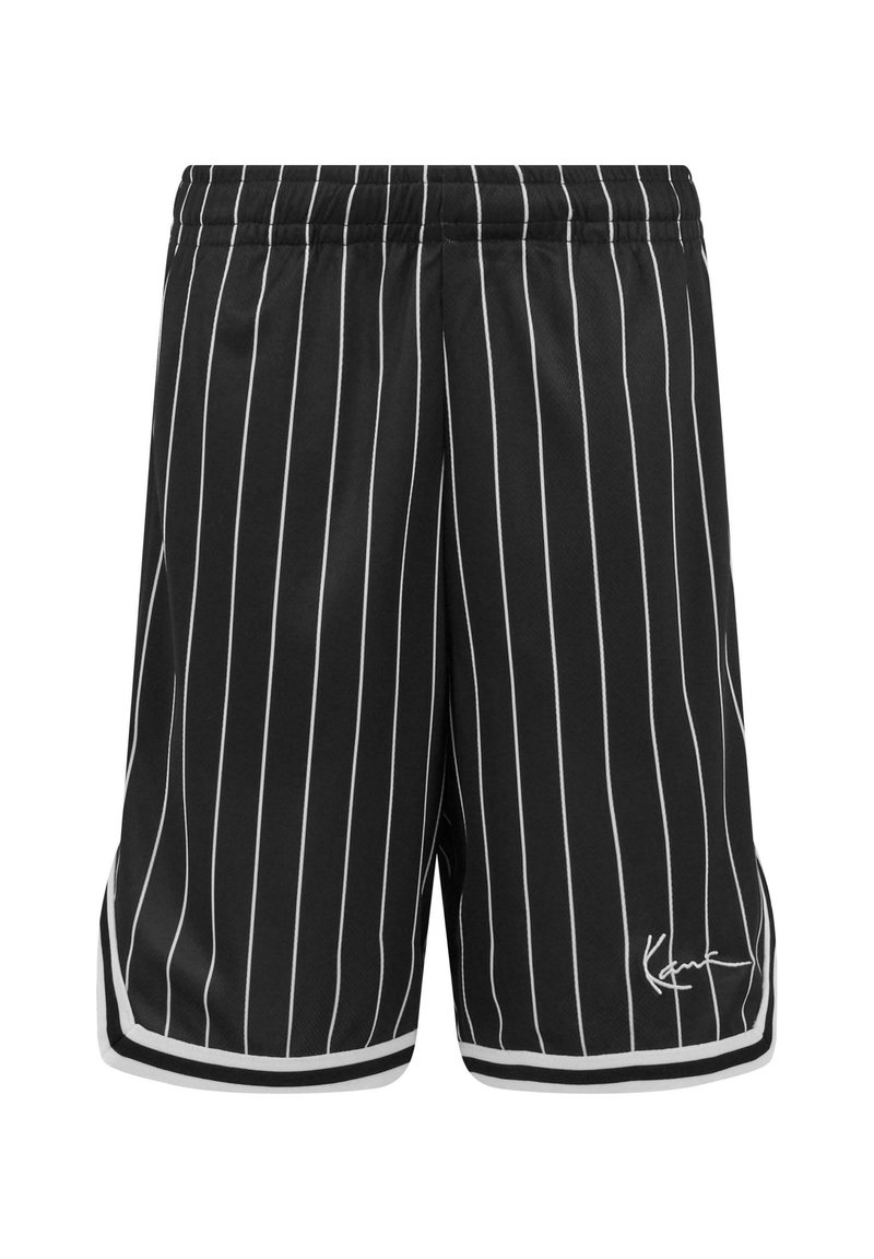 Svarta basketshorts med vertikala vita randar, elastisk midja och vit accentkant. Signaturlogotyp på fållen.