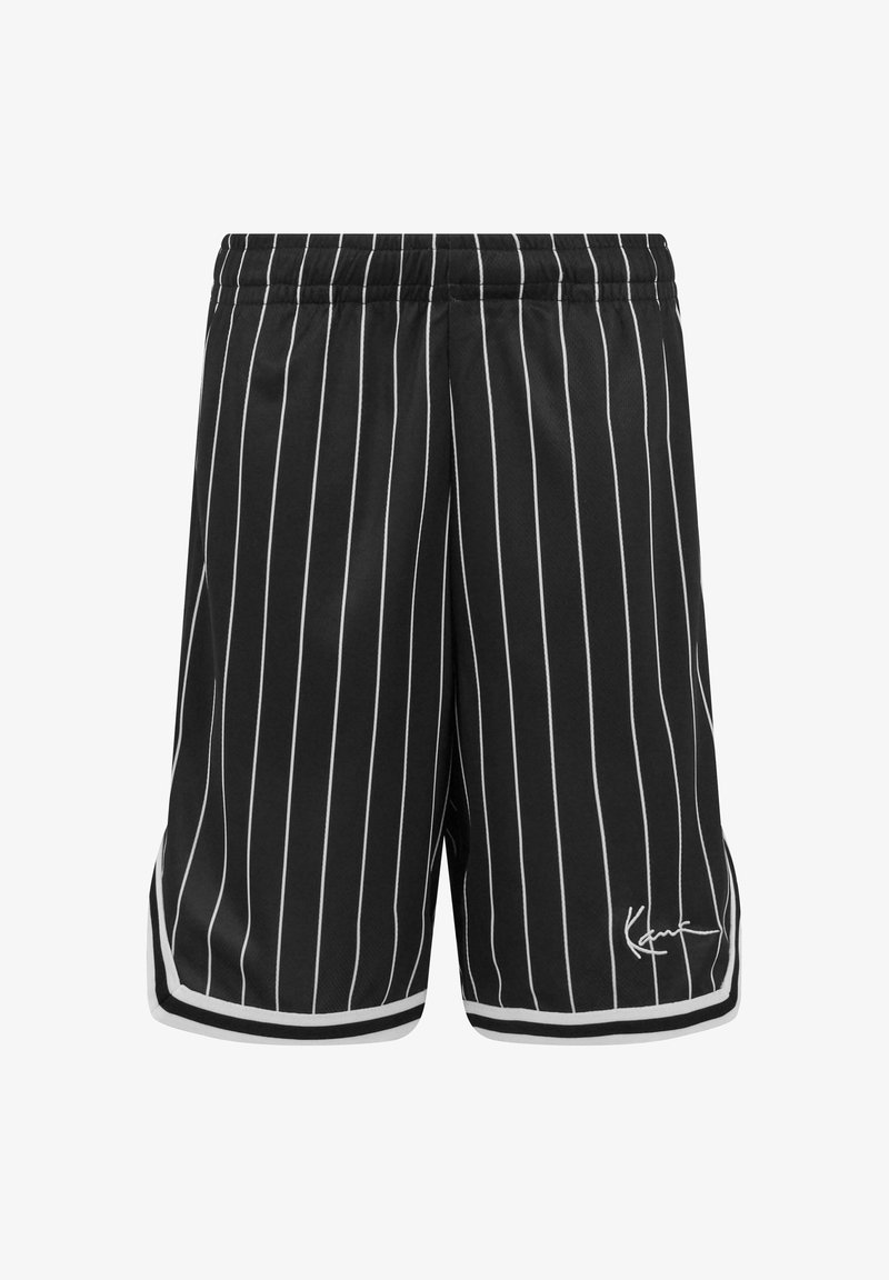 Čierne basketbalové šortky s vertikálnymi bielymi pruhmi, elastickým pásom a bielym ozdobným lemovaním. Podpisové logo na leme.