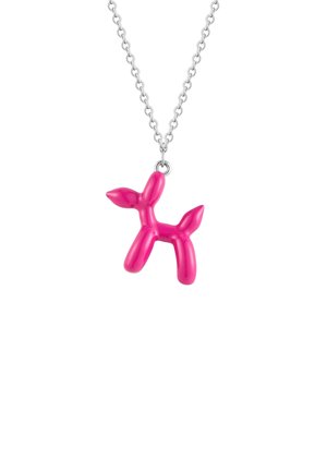 Collana con pendente a forma di cane palloncino rosa su una catena d'argento, caratterizzata da una finitura in plastica lucida con forme e curve fantasiose e giocose.