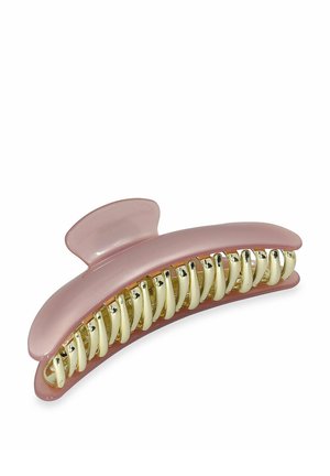 Pink plastic hair claw with a glossy finish, featuring golden accents and white teeth for grip. Curved design for secure styling.