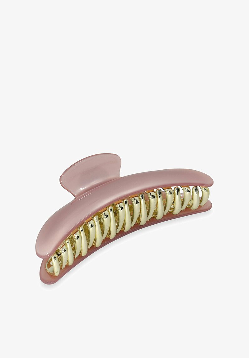 Roze plastic haarclip met een glanzende afwerking, voorzien van gouden accenten en witte tanden voor grip. Gebogen ontwerp voor een veilige styling.