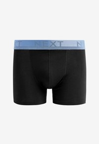 Schwarze Baumwollboxershorts mit einem hellblauen Bund, der den Text "NEXT" trägt. Der Stoff ist glatt und anliegend, mit einem niedrigen Schnitt.