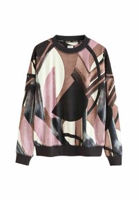 Multicolored sweatshirt with abstract pattern in pink, black, and cream. Features a crew neckline and ribbed cuffs for a relaxed fit.
