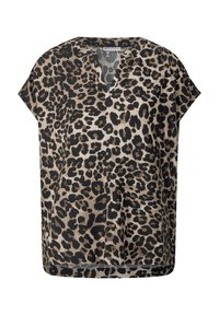 Top a maniche corte con stampa leopardata, realizzato in tessuto leggero, con scollatura a V e vestibilità rilassata. I colori includono beige, nero e marrone.