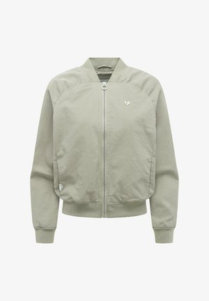 Jasnoszara kurtka bomber z pełnym zamkiem z przodu, ściągaczami przy rękawach i na dole oraz małym logo na lewej piersi.