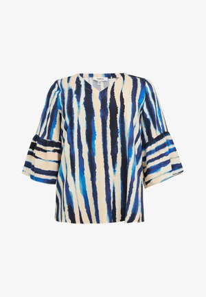 Haut rayé bleu et crème avec un col en V et des manches évasées. Confectionné dans un tissu léger avec un motif aquarelle et une texture douce.