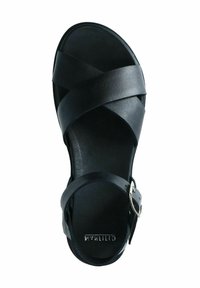 Zwarte leren sandaal met kruislings bandjes, open teen, verstelbare enkelband met zilveren hardware, gladde matte afwerking, platte zool.