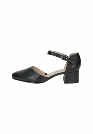 Chaussure basse en cuir noir avec bout pointu fermé, bride de cheville avec boucle argentée, et talon bloc sur fond blanc.