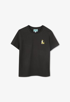 T-shirt nera in cotone a maniche corte, con un logo di tigre ricamato giallo e bianco sulla parte sinistra del petto. Collo a giro classico.