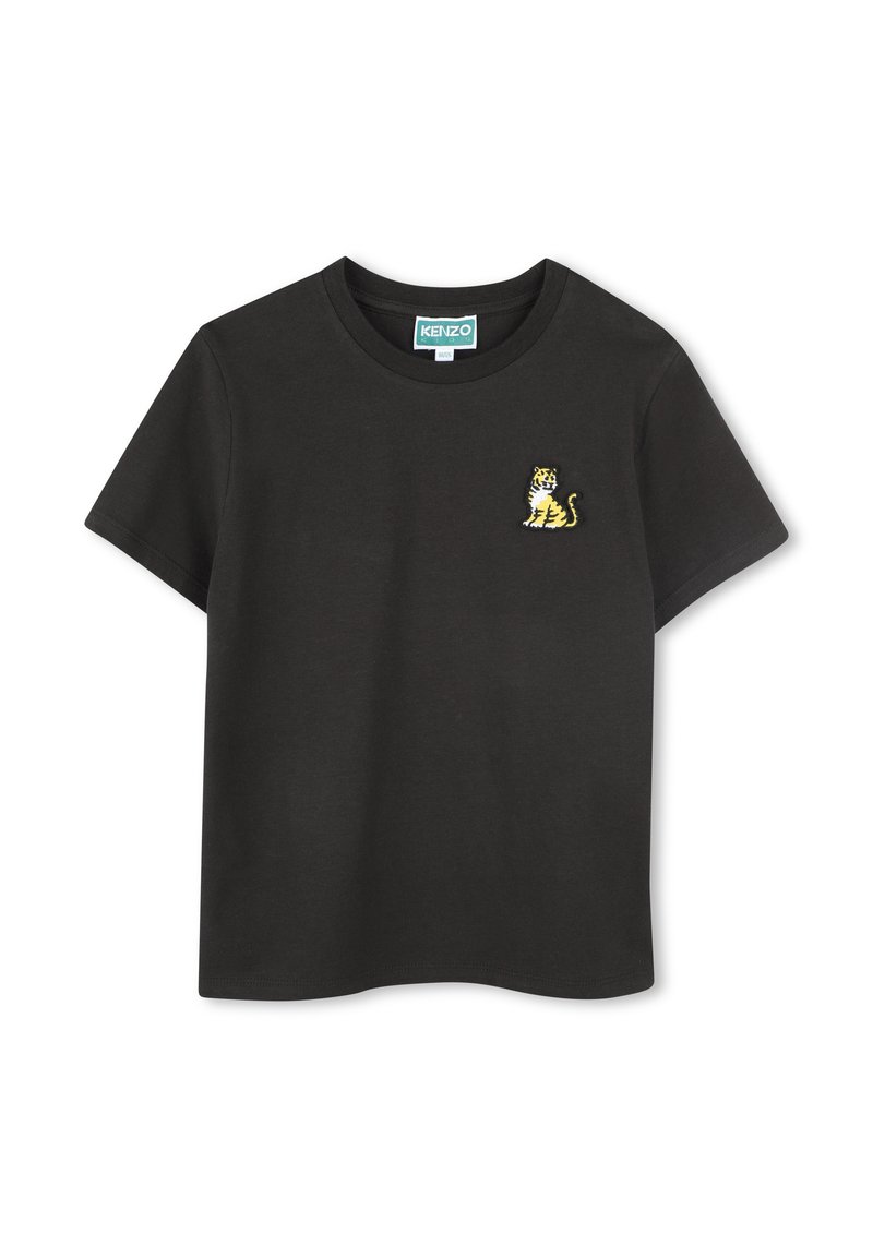 T-shirt en coton noir à manches courtes, avec un logo de tigre brodé jaune et blanc sur le côté gauche de la poitrine. Encolure ronde classique.