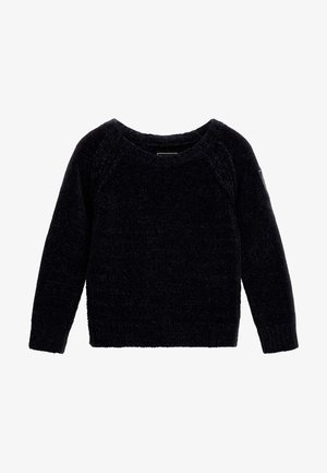 Schwarzer Strickpullover mit Rundhalsausschnitt, langen Raglanärmeln sowie gerippten Bündchen und Saum. Texturierte Oberfläche mit einem gemütlichen Erscheinungsbild.