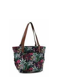 Shopper met bloemenpatroon van zwarte stof met bruine leren handvatten en accenten. Voorzien van een ritsvak en een ruime binnenkant.