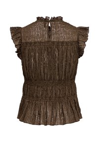 Haut marron sans manches en dentelle avec col montant volanté et emmanchures, taille froncée et ourlet péplum.