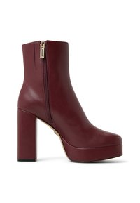 Burgundy leather ankle boot with a square high heel, rounded toe, and a side zipper. Smooth texture with minimal detailing.