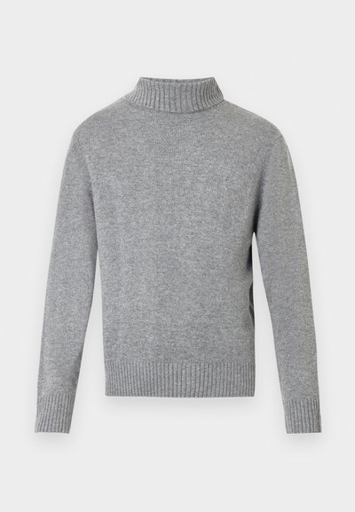 Γκρι πουλόβερ με ψηλό λαιμό, κατασκευασμένο από πλεκτό ύφασμα. Διαθέτει ριμπ μανσέτες και τελείωμα, με άνετη εφαρμογή και λεία υφή.