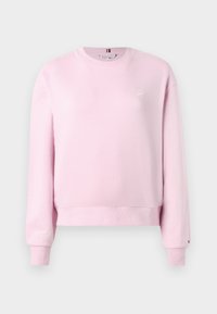 Sweatshirt roz cu mâneci lungi, guler rotund, manșete și tiv cu riburi. Are un mic logo brodat pe piept. Textură netedă.