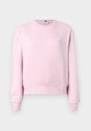 Pink sweatshirt med lange ærmer, rund hals, ribbede manchetter og kant. Har et lille broderet logo på brystet. Glat tekstur.