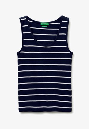 Débardeur bleu marine sans manches avec des rayures horizontales blanches et une étiquette verte "United Colors of Benetton" à l'intérieur du col.