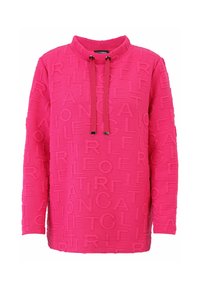 Fuchsia-Pullover mit strukturiertem Design, das eingeprägte Buchstaben zeigt, einem hohen Kragen und Kordelzug-Akzenten. Lange Ärmel und lockere Passform.