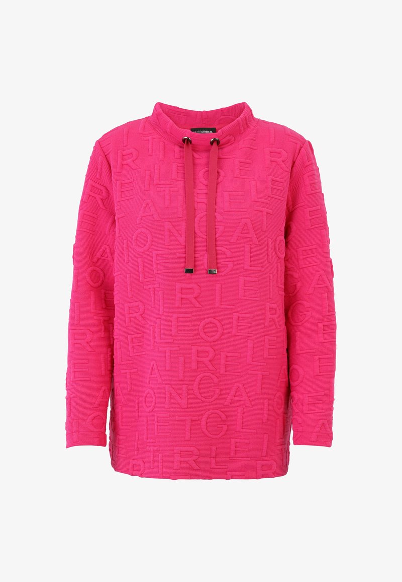 Fuchsia pullover with a textured design featuring embossed letters, a high collar, and drawstring accents. Long sleeves and relaxed fit.
