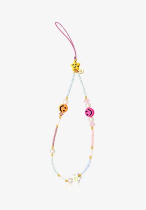Buntes Perlenaccessoire mit pinken, blauen und goldenen Perlen, Smiley-Gesicht und Stern-Anhängern, mit einem pinken Riemen zur Befestigung.
