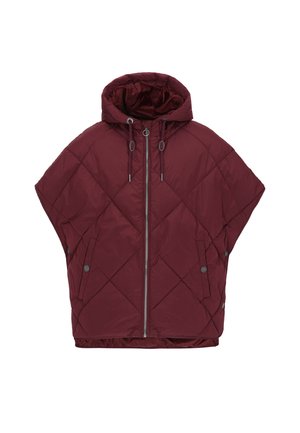 Gevoerde capuchon poncho in bordeaux, met een ritssluiting aan de voorkant, twee zijzakken en trekkoorden bij de capuchon. Glad, synthetisch materiaal.