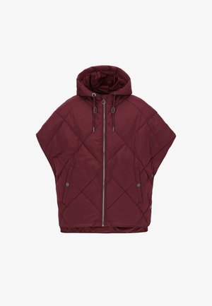 Gevoerde capuchon poncho in bordeaux, met een ritssluiting aan de voorkant, twee zijzakken en trekkoorden bij de capuchon. Glad, synthetisch materiaal.