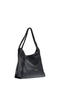 Zwarte leren hobo-tas met een gestructureerd oppervlak, enkele schouderriem en een gouden, geperst logo aan de voorkant. Glad, slouchy ontwerp.