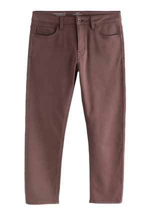 Brune herrebukser i slank pasform med knap og lynlås foran, bæltestropper samt forlommer og møntlomme.