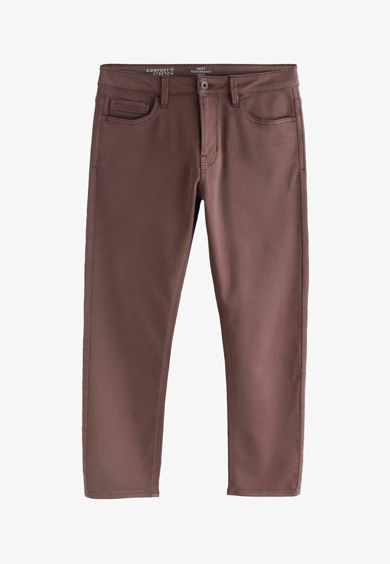 Pantalon marron coupe slim pour hommes avec bouton et fermeture éclair à l'avant, passants pour ceinture, ainsi que poches avant et poche monnaie.