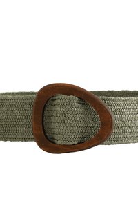 Olive green woven fabric belt with a distinctive wooden oval buckle, featuring a textured surface and a sturdy design.