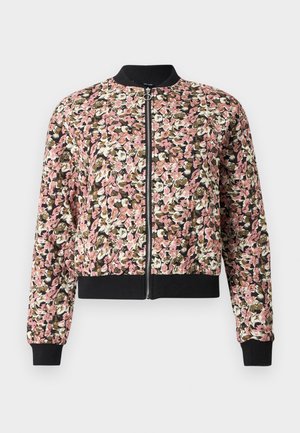 Μπουφάν bomber με φερμουάρ μπροστά και λουλουδάτο μοτίβο σε ροζ, λευκό και καφέ, με μαύρη rib πλεκτή γιακά, μανσέτες και τελείωμα.