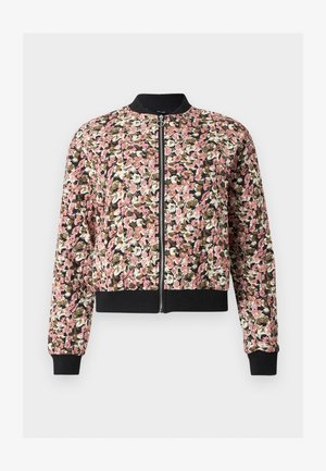 Μπουφάν bomber με φερμουάρ μπροστά και λουλουδάτο μοτίβο σε ροζ, λευκό και καφέ, με μαύρη rib πλεκτή γιακά, μανσέτες και τελείωμα.