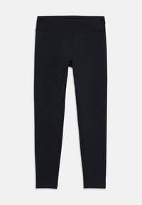 Leggings noires en tissu extensible, dotées d'une large ceinture, d'un design sans coutures et de jambes fuselées. Aucun motif ou accent visible.