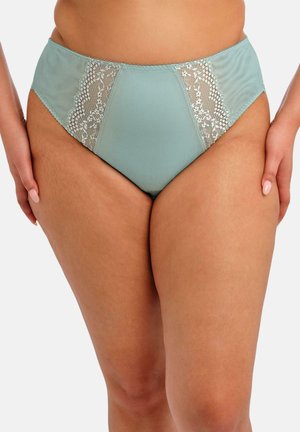 Hellgrüne, hoch taillierte Unterwäsche mit Spitzenakzenten an den Seiten, die eine glatte Textur und eine klassische Form aufweist.