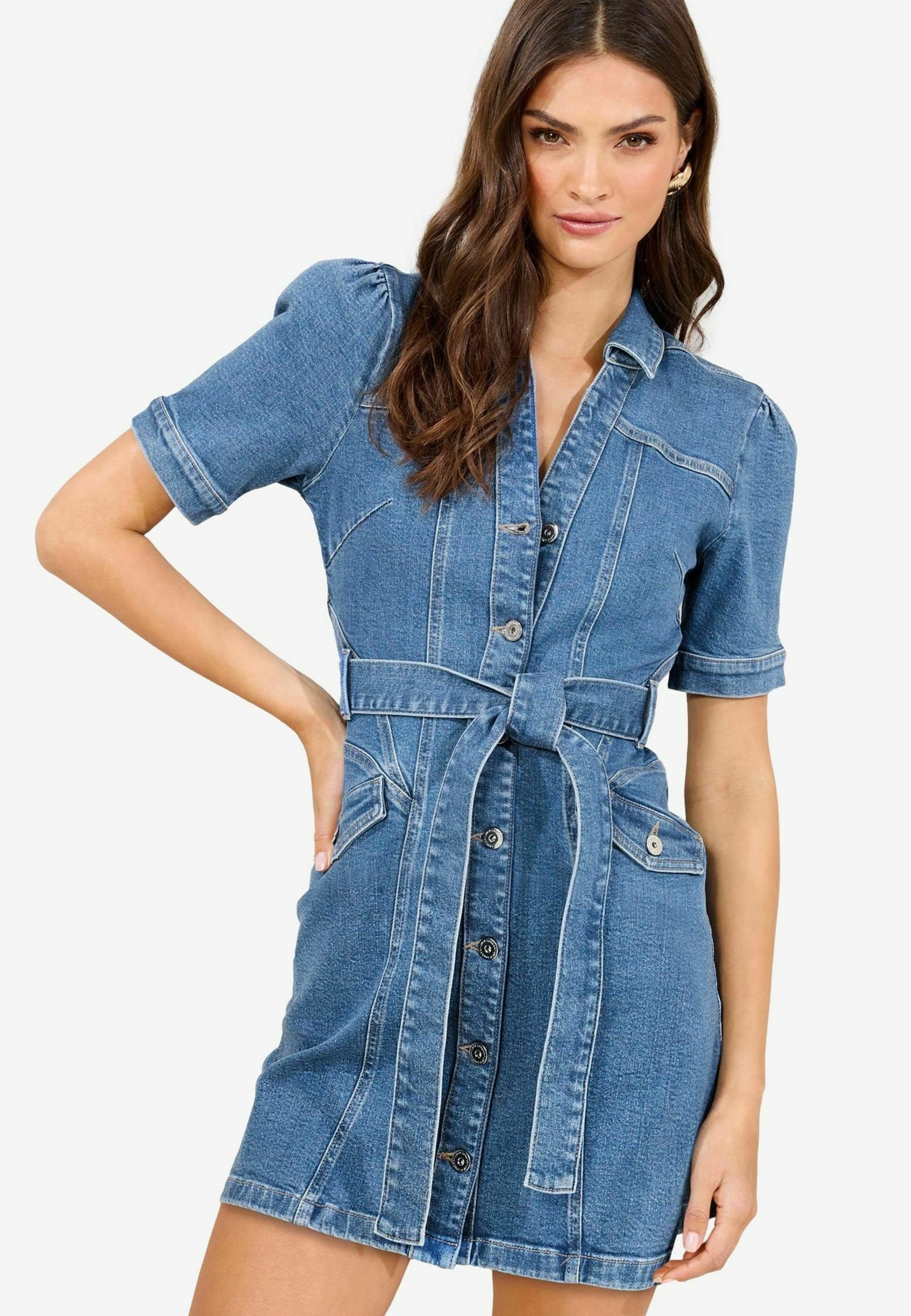 Lipsy REGULAR FIT - MINI WITH WAIST SEAMING DETAIL - Denim dress - mid wash  blue/blue - Zalando