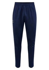 Pantaloni sportivi navy realizzati in tessuto leggero con finitura texture, dotati di una vita elasticizzata e dettaglio con logo sul lato sinistro.