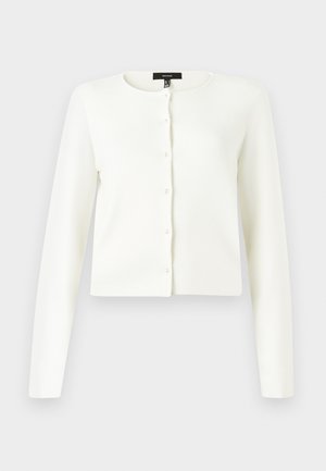 White long-sleeve cropped cardigan with round neckline and pearl-like buttons down the front on a plain background.