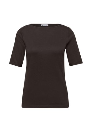 Schwarzes, tailliertes Kurzarmshirt mit U-Boot-Ausschnitt und dekorativen Knöpfen an den Schulternähten.