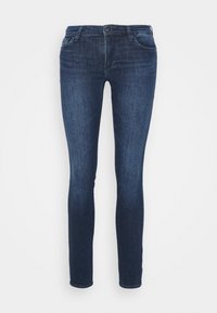 Vaqueros skinnies de color azul oscuro, hechos de denim, con un diseño clásico de cinco bolsillos, presillas para el cinturón y un cierre de botón en la cintura.