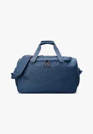 Sac de sport bleu en tissu texturé. Il dispose de deux poignées et d'une sangle réglable pour l'épaule. Deux compartiments zippés et détail du logo.