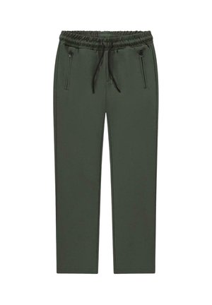 Donkergroene broeken met elastische taille, zwarte trekkoorden en met rits afgesloten zakken aan de zijkant, rechte pijpen, op witte achtergrond.