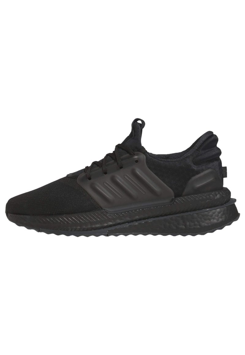 Schwarzer sportlicher Sneaker mit strukturiertem Sohlen, gepolstertem Absatz, Obermaterial aus Mesh und Kunststoffseitenelementen mit Schnürverschluss.