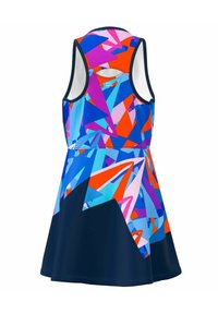 Mouwloze jurk met een geometrisch patroon in levendige kleuren: blauw, oranje, roze en marineblauw. Gemaakt van gladde, rekbare stof met een uitlopende rok.