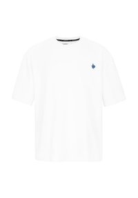 Weißes Baumwoll-T-Shirt mit Rundhalsausschnitt, ausgestattet mit einem kleinen marineblauen Blatt-Logo auf der linken Brust und kurzen Ärmeln.