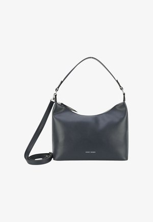 Borsa a spalla in pelle blu scuro con una forma arrotondata, chiusura con zip e tracolla regolabile. Presenta una superficie liscia e un logo in rilievo sul davanti.