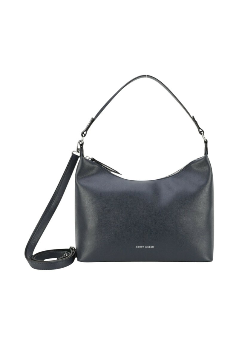 Borsa a spalla in pelle blu scuro con una forma arrotondata, chiusura con zip e tracolla regolabile. Presenta una superficie liscia e un logo in rilievo sul davanti.