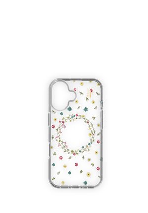 Klares Telefonetui mit einem Blumenmuster aus kleinen gelben, rosa und blauen Blumen sowie grünen Blättern, mit einem runden Kranzdesign in der Mitte.